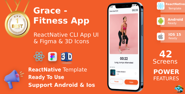 Grace App ANDROID + IOS + FIGMA + 3D Icons | UI Kit | ReactNative CLI | Fitness & WorkOut