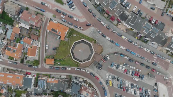 Bird's-eye footage of the densely populated city of Zandoort, Netherlands along the North Sea alt