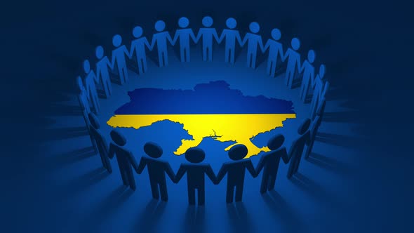 3D Cutout Icon People in Blue Silhouettes forming a Looped Circle around Map of Ukraine Background