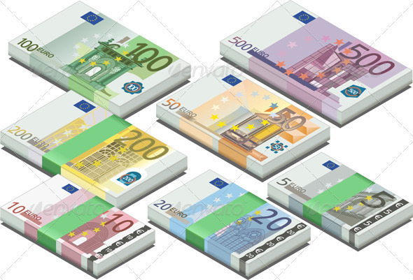 Isometric Full Set of Euro Banknotes - Objects Vectors