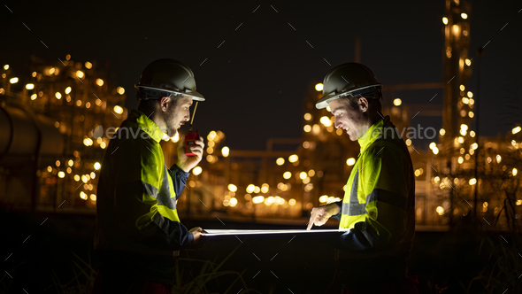Engineer survey team wear uniform and helmet stand workplace checking blueprint project and radio co