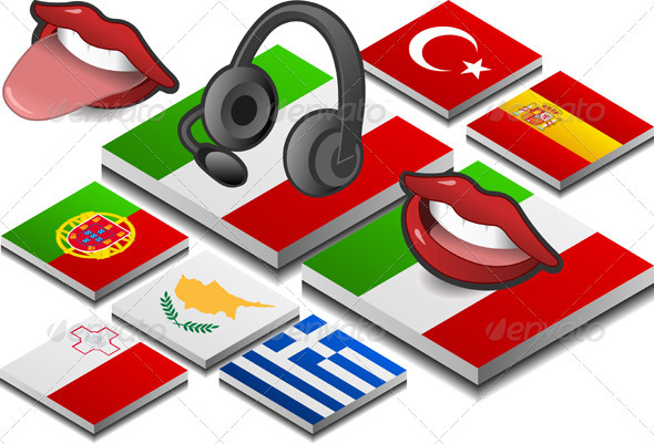 Isometric Headphones and Mouth on the Button Flag - Conceptual Vectors