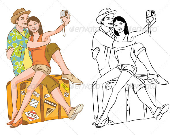 Tourist Couple Taking Their Self Portrait Vector - People Characters