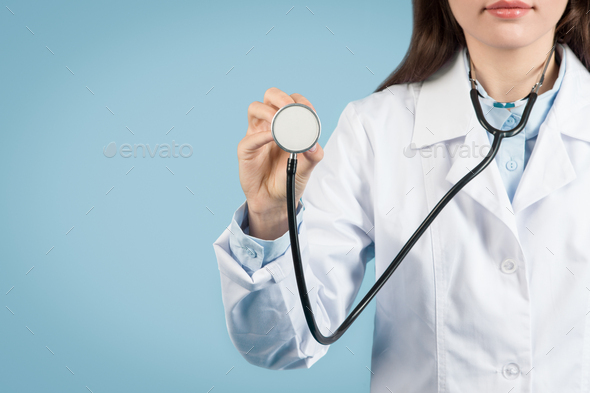 Doctor with stethoscope in telehealth pose