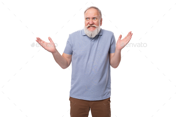 confused old man with white mustache and beard dressed in basic t-shirt and pants