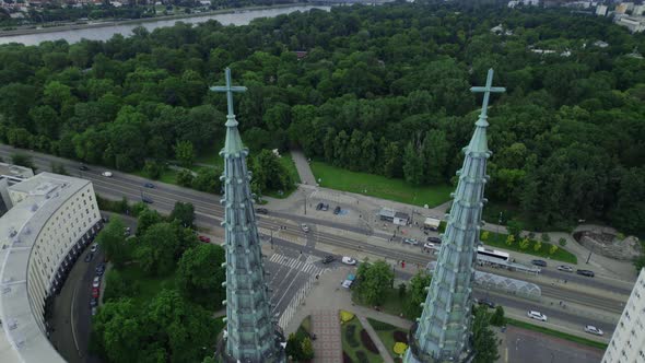 Drone Warsaw City View Through the Towers of the Church