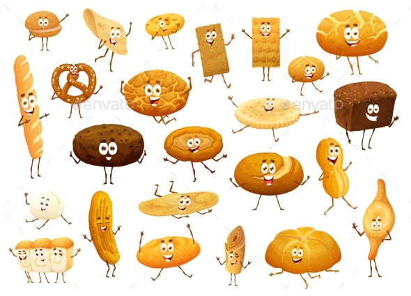 Cartoon Isolated Bread and Bakery Funny Characters
