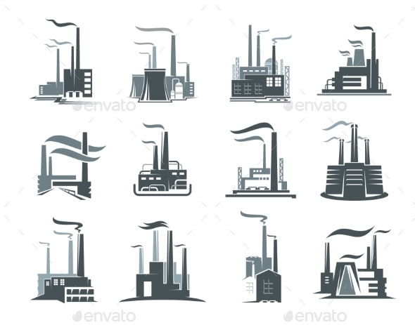 Factory or Industrial Plant Building Icons