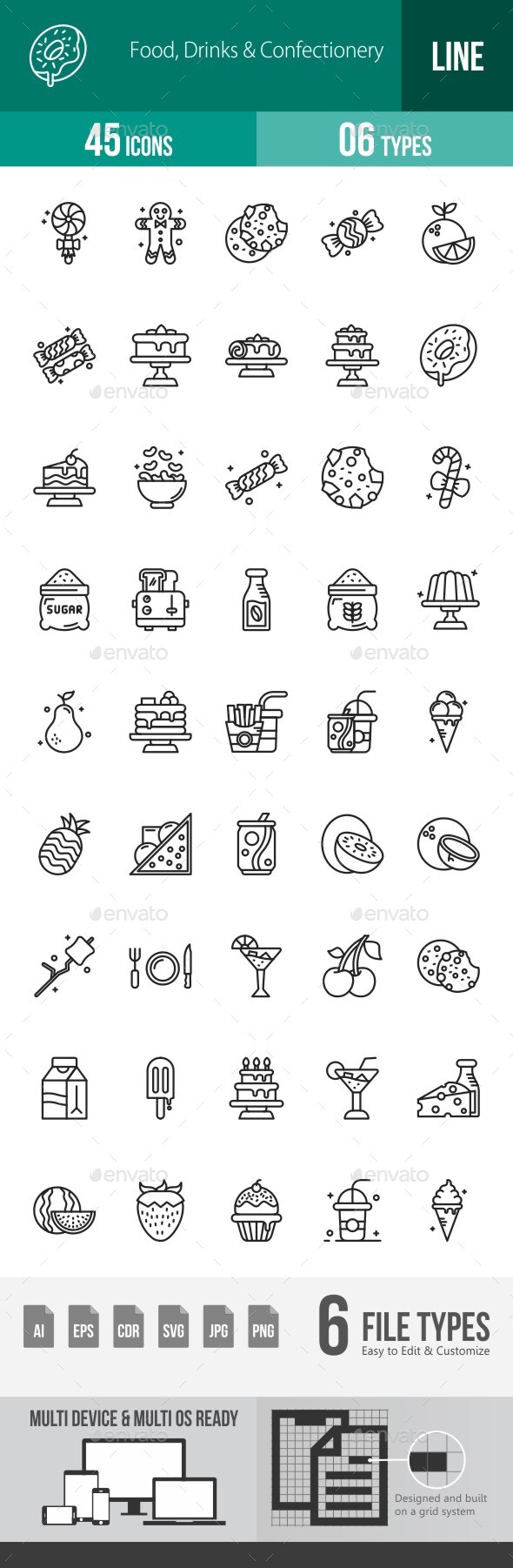 [DOWNLOAD]Food, Drinks & Confectionery Line Icons