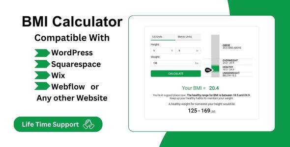BMI Calculator- healthy range for Wordpress, Wix, Squarespace & Webflow Website.