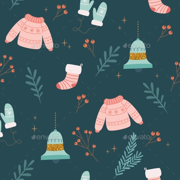 Christmas Seamless Pattern with Sweaters and Bells