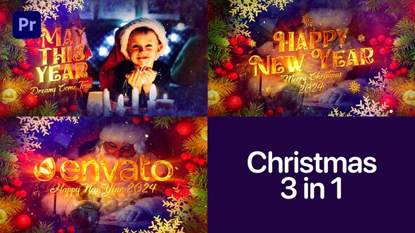 Christmas 3 in 1 | Happy New Year | Titles and Logo Opener | MOGRT Premiere Pro template preview