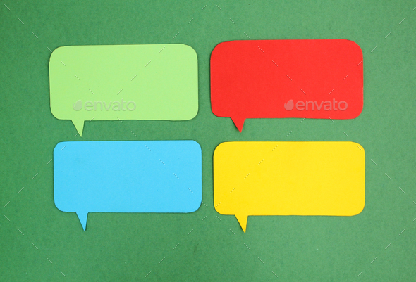 four conversation bubbles with a green background or isolated background.
