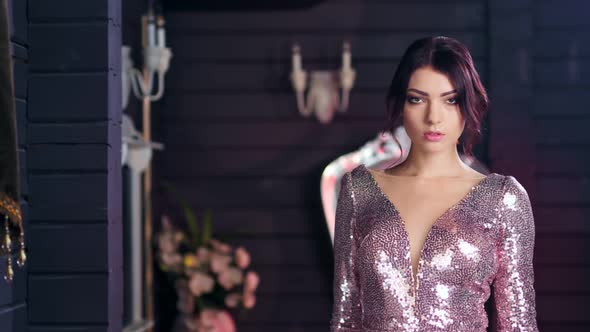 Medium Shot Portrait of Beautiful Hispanic Young Female Model Defile at Luxury Background alt