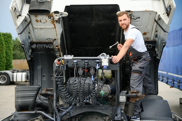 Semi Truck Under Maintenance. Caucasian Truck Mechanic Working to Fix the Tractor.