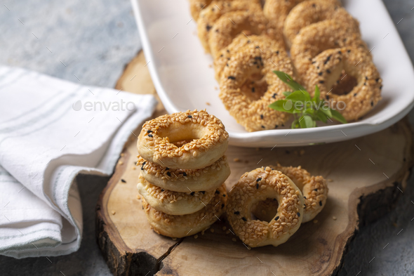 Turkish Bagel with sesame seeds or salty ring cookies. Kandil simidi or tuzlu halka kurabiye