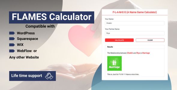 FLAMES Calculator - (Name Gamer Calculator) for Wordpress, Wix, Squarespace & Webflow Website.