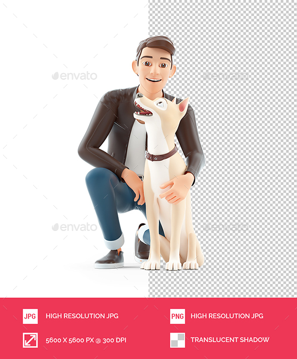 3D Cartoon Man Kneeling on Floor with his Dog