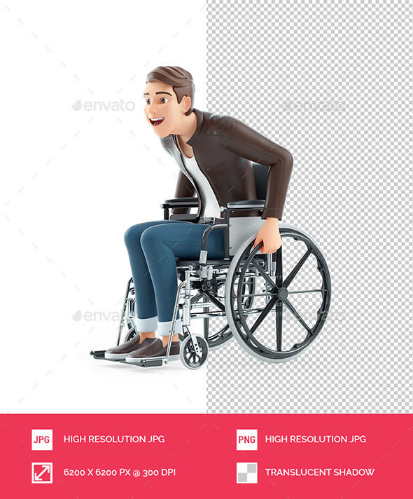 3D Cartoon Man Rolling in his Wheelchair