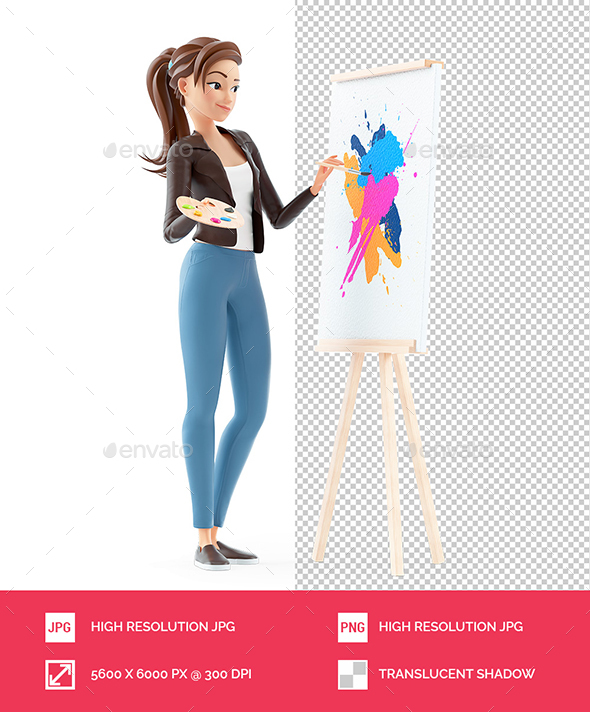 3D Cartoon Woman Painting on Canvas