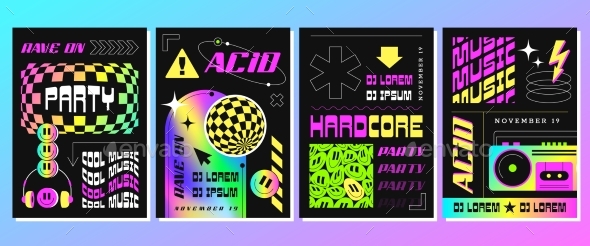 Rave Acid Posters with Abstract Geometric Shapes