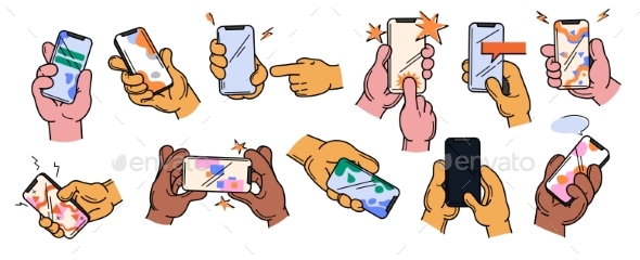 Human Hands Holding Smartphones Vector Doodle Set