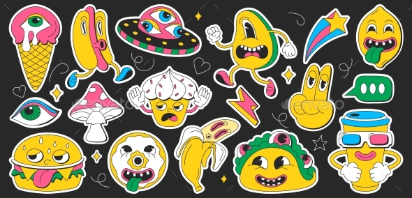 Psychedelic Cartoon Groovy Stickers Set with Retro
