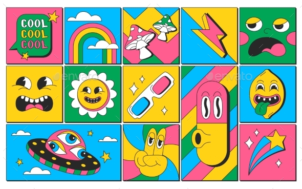 Square Stickers with Trendy Psychedelic Characters