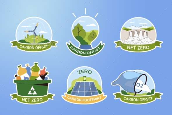 Set Icons of Net Zero and Carbon Footprint