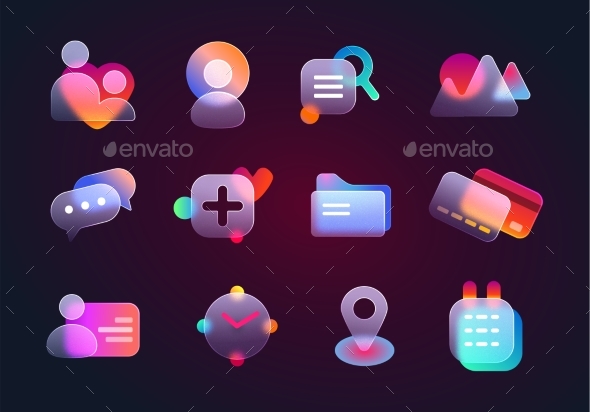Realistic Set of Glassmorphism Ui Icons with Blur