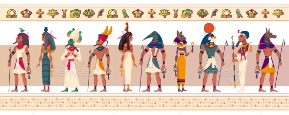 Set of Ancient Egyptian Gods and Goddesses with