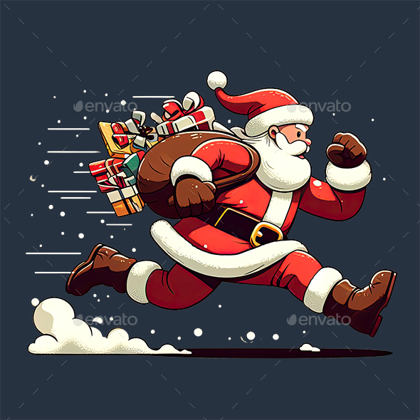 Santa Claus with Huge Bag, on The Run, to Delivery Christmas Gifts Isolated Transparency Background
