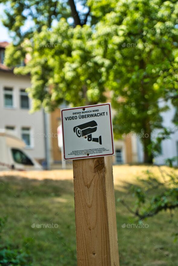 Wooden post with a sign announcing video monitoring