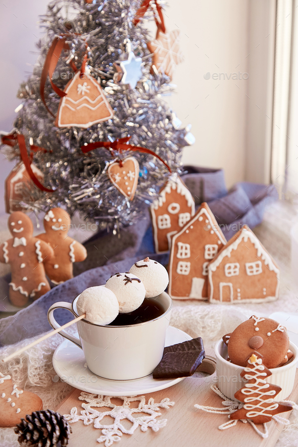 Cozy winter morning at snowy day. Aesthetic windowsill