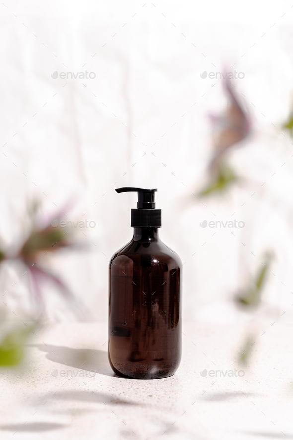 Brown bottle mockup for bathing products in bathroom, spa shampoo