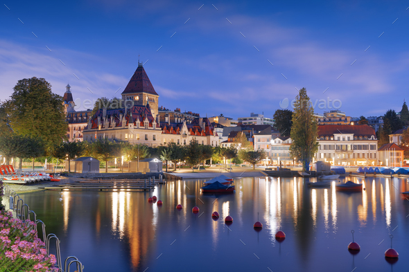Lausanne, Switzerland from the Ouchy Promenade on Lake Leman - Stock Photo - Images