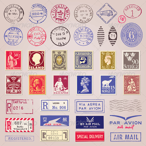Vector Vintage Postage Stamps, Marks, Stickers - Decorative Symbols Decorative