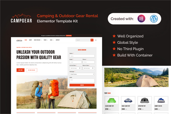 Campgear - Camping & Outdoor Gear Rental Elementor Pro Template Kit