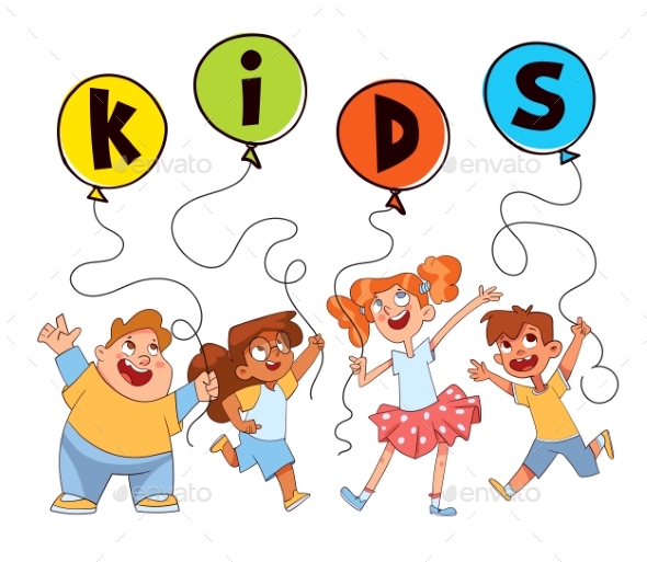 Children Holding Balloons with the Word Kids