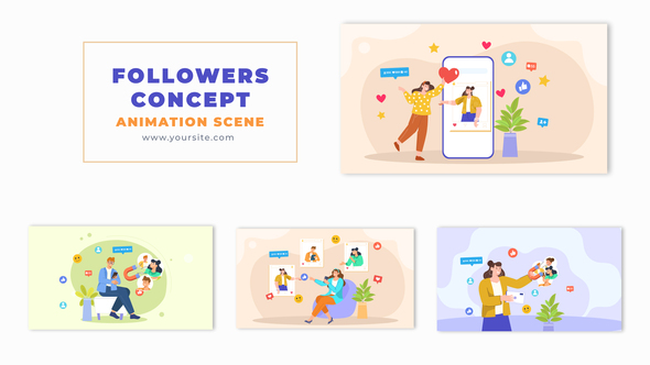 Social Media Followers Concept 2D Character Animation Scene