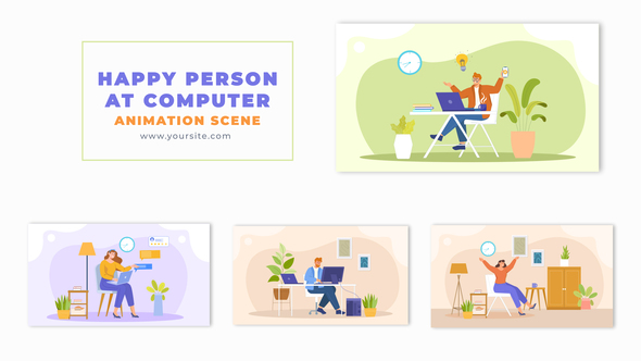 Flat 2D Vector Happy Person at Computer Animation Scene