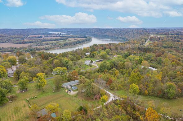 Bird\'s eye view of the beautiful autumn park and Ohio River. United States.