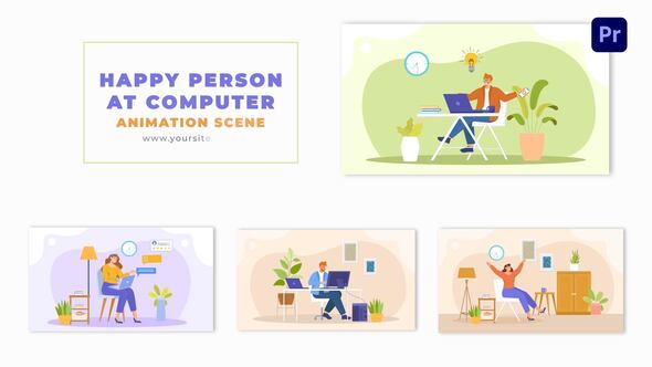 Flat 2D Vector Happy Person at Computer Animation Scene Template