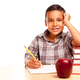 Happy Young Hispanic School Boy At Desk with Books and Apple Isolated on a White Background. - PhotoDune Item for Sale