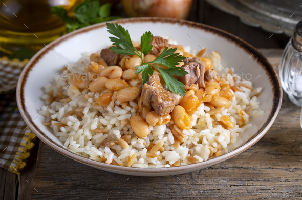 Kuru Fasulye . Haricot Beans, rice and beans (Turkish name; pilav ustu kuru fasulye) - Stock Photo - Images