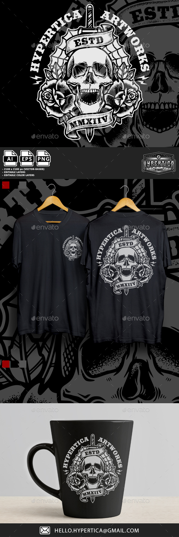 Skull With Traditional Tattoos Style Illustration T-shirt Design