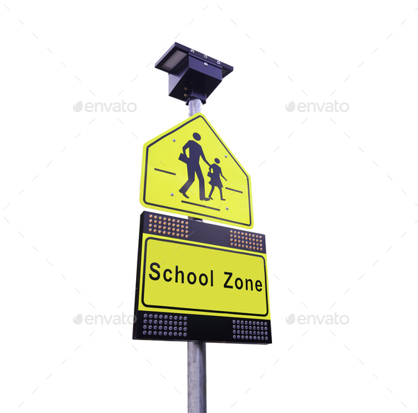 Flashing light with traffic security school signpost isolated on white background with clipping path