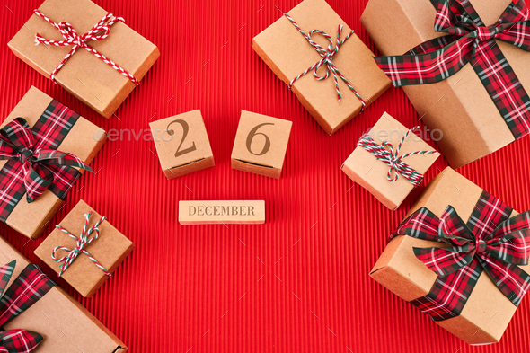 boxing-day-concept-different-kinds-of-gift-boxes-on-red-background