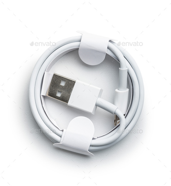 White usb charging cables isolated on white background.
