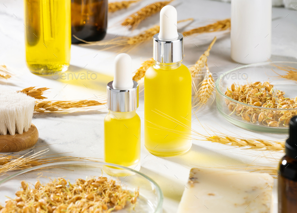 Wheat serum oil for skin and hair care. A conceptual composition of wheat essential oils